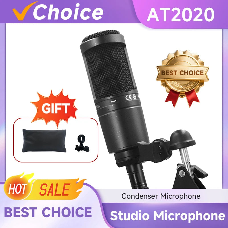 Studio microphone with 'Best Choice' badge and gift packaging on a purple background