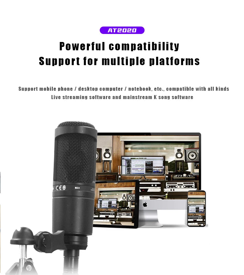 Audio-Technica AT2020 Cardioid Condenser Studio Recording Microphone for Vocal Podcast Streaming Singing Professional XLR Mic